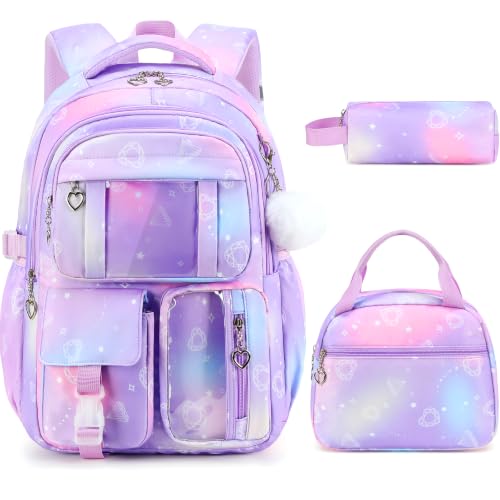 3-Piece Girls School Backpack Set with Lunch Bag & Pencil Case - Dreamy Purple