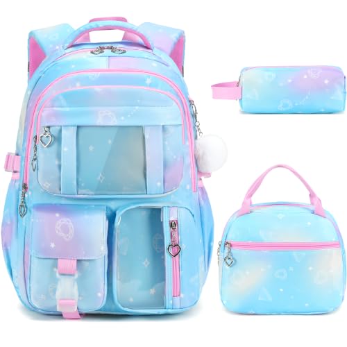3-Piece Girls School Backpack Set with Lunch Bag & Pencil Case - Dreamy Blue