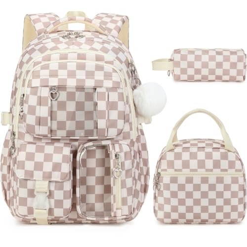 3-Piece Girls School Backpack Set with Lunch Bag & Pencil Case - Brown Checkered