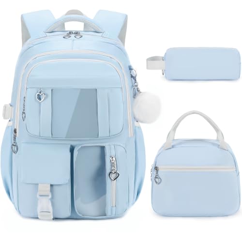3-Piece Girls School Backpack Set with Lunch Bag & Pencil Case - Blue