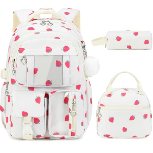 3-Piece Girls School Backpack Set with Lunch Bag & Pencil Case - Strawberry Beige