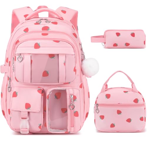 3-Piece Girls School Backpack Set with Lunch Bag & Pencil Case - Strawberry Pink