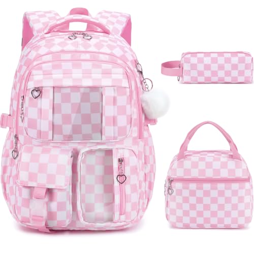 3-Piece Girls School Backpack Set with Lunch Bag & Pencil Case - Pink Checkered