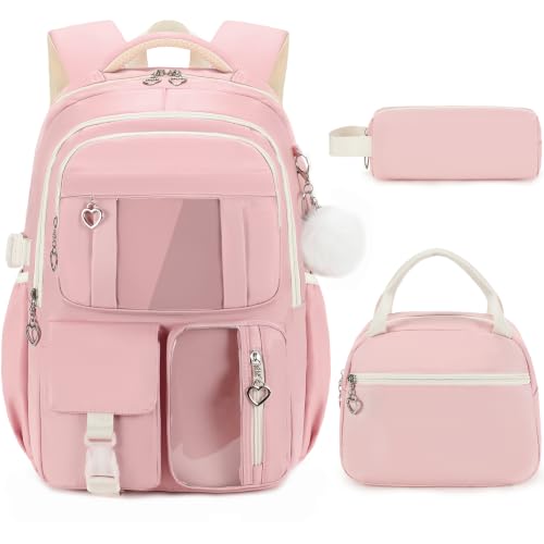 3-Piece Girls School Backpack Set with Lunch Bag & Pencil Case - Pink