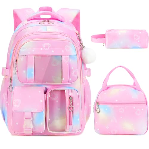 3-Piece Girls School Backpack Set with Lunch Bag & Pencil Case - Dreamy Pink