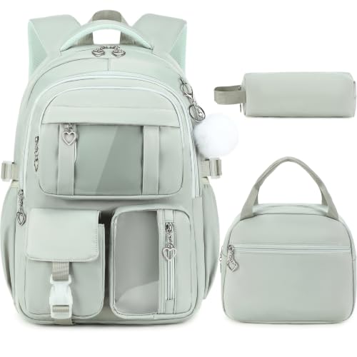 3-Piece Girls School Backpack Set with Lunch Bag & Pencil Case - Green