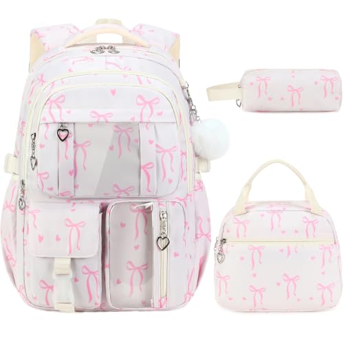3-Piece Girls School Backpack Set with Lunch Bag & Pencil Case - Beige Bow