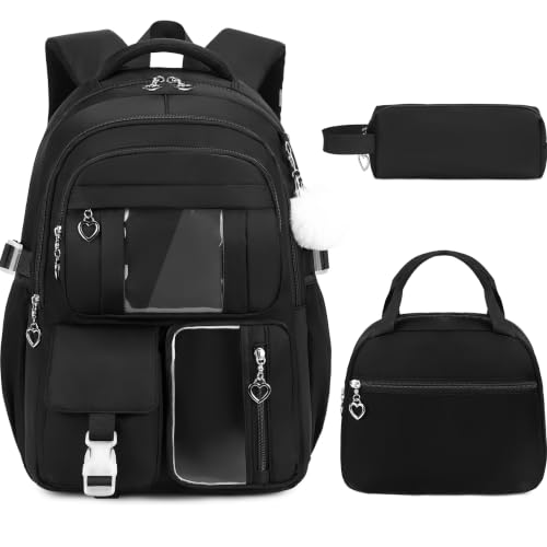 3-Piece Girls School Backpack Set with Lunch Bag & Pencil Case - Black