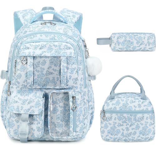 3-Piece Girls School Backpack Set with Lunch Bag & Pencil Case - Blue Floral
